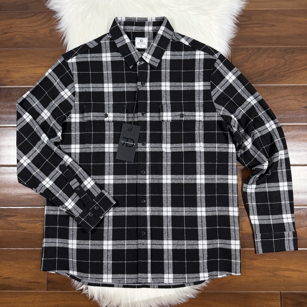 7 Diamonds Men's Size XL Black White Plaid Generation Soft Flannel Shirt Stretch